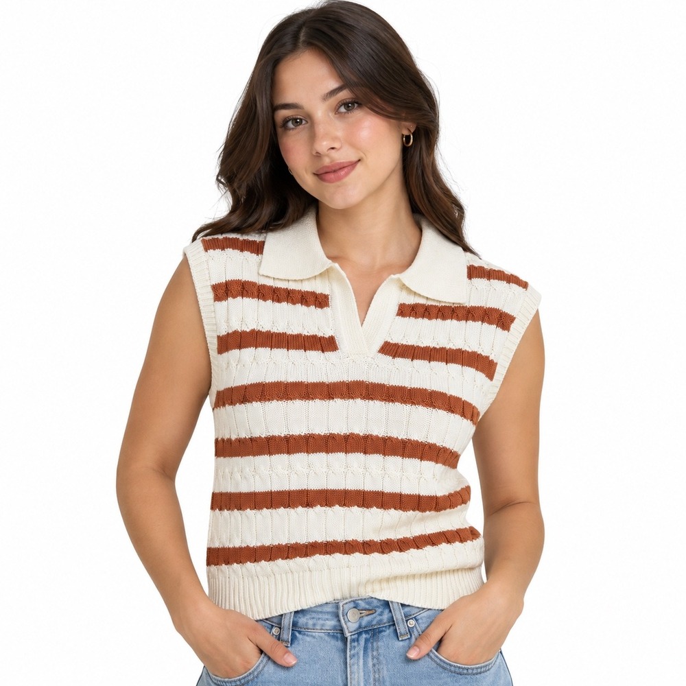 Zenana Womens Striped Cable Knit Polo Sweater Vest Deep Camel Cream Size S M & L